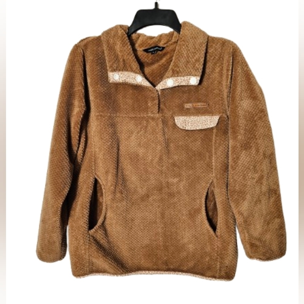 Simply Southern Brown Fleece Pullover with Leopard Accents Women's Size Small